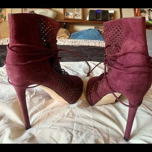 Strappy Guess purple mesh heel boots, size 9.